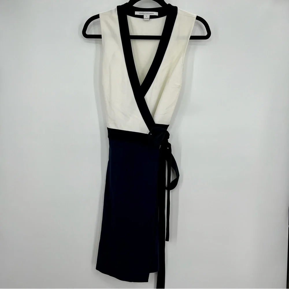 Diane von Furstenberg DVF Gracie Bow Wrap Mini Dress Sleeveless Color Block 6 - Picture 3 of 9